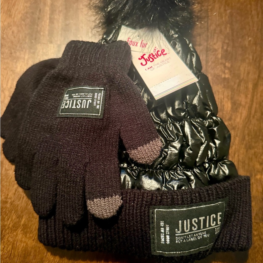 Justice Black and Gray Knit Gloves and Hat Set